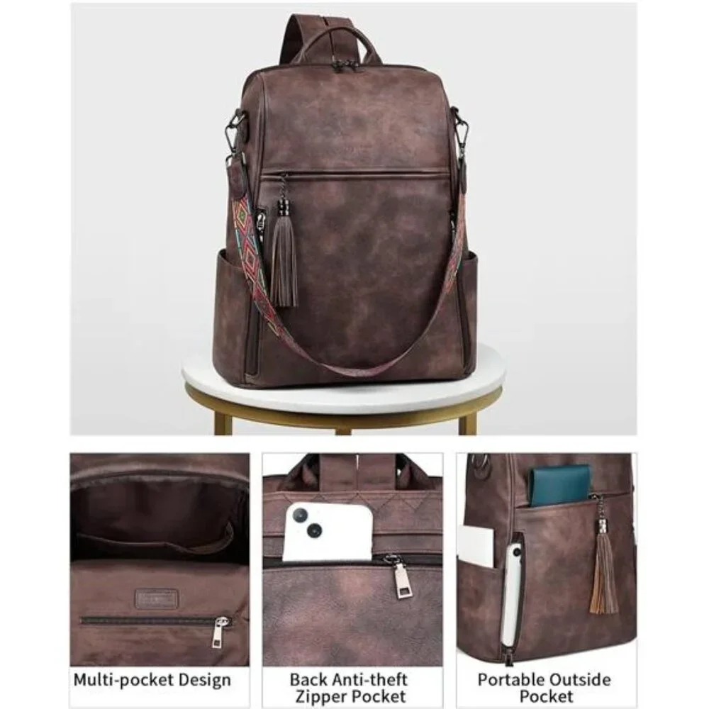 FADEON Leather Laptop Backpack for Women Designer 15.6 inch PU Laptop Bag,